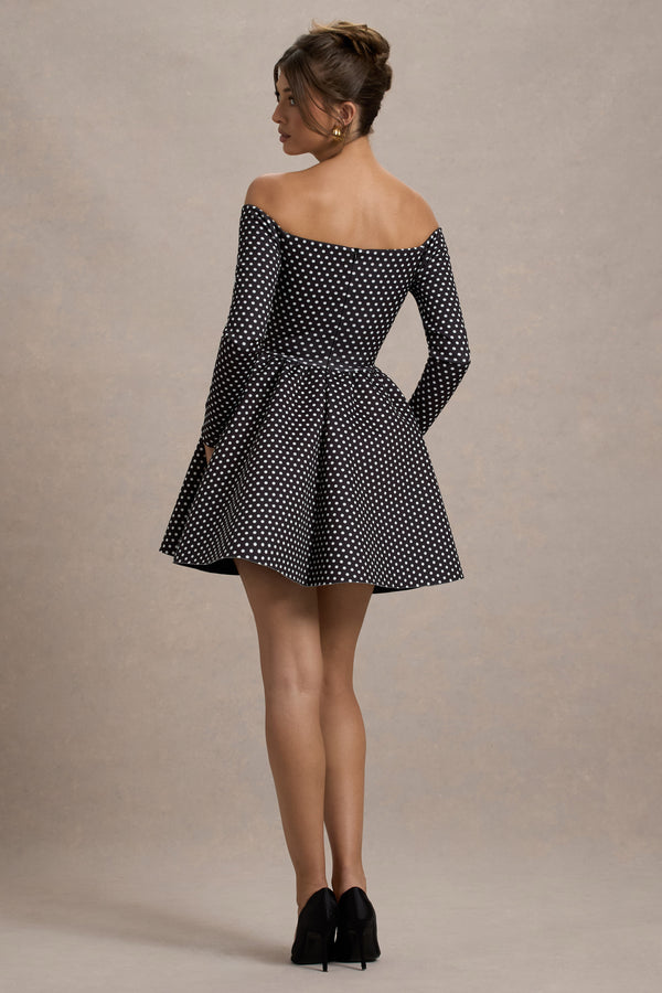 Club L Riva Black Polka Dot Bardot Long-Sleeve Mini Dress