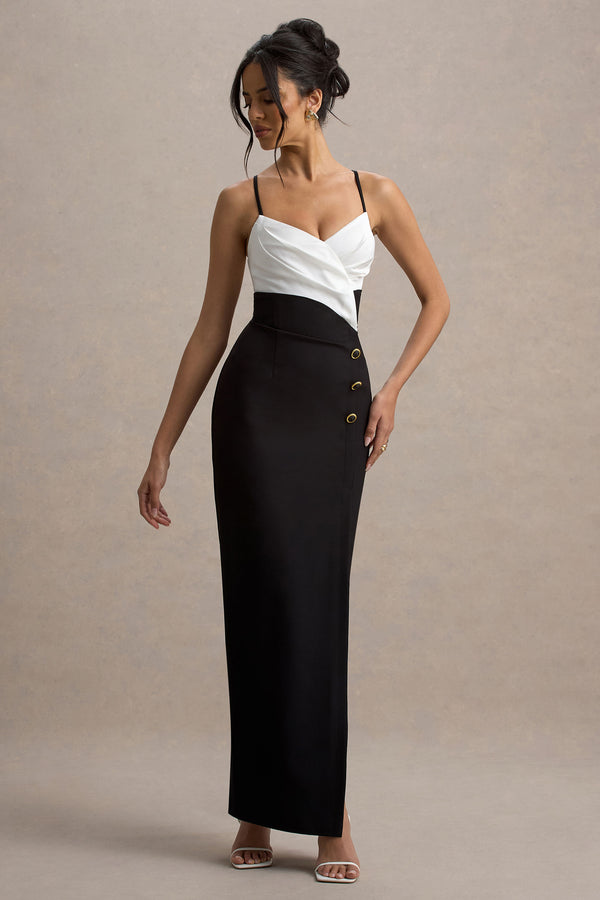 Club L Rosalind Black & White Strappy Tailored Maxi Dress With Split