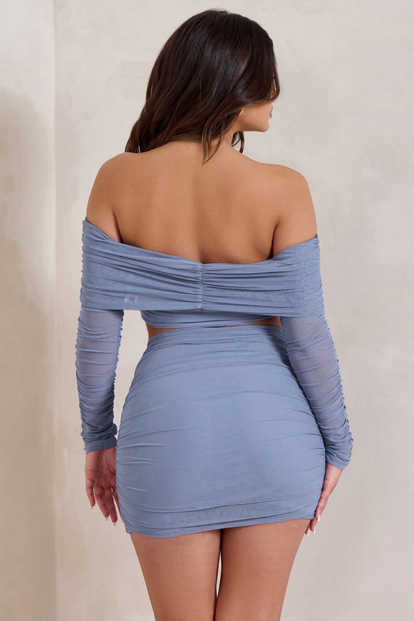 Club L Rule Breaker Cornflower Blue Ruched Mesh Bardot Crop Top