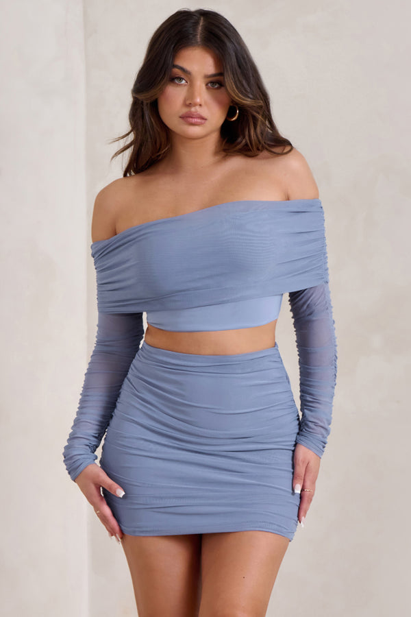 Club L Rule Breaker Cornflower Blue Ruched Mesh Bardot Crop Top