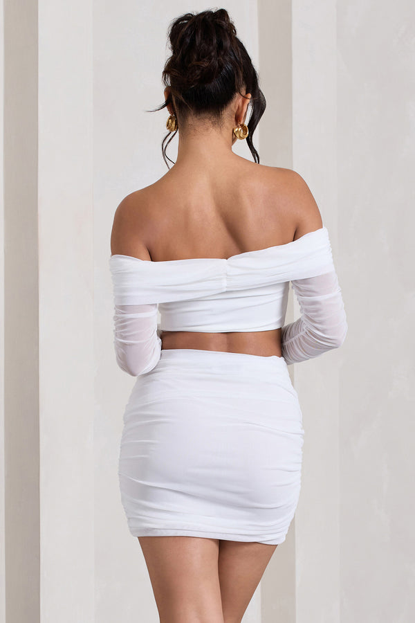 Club L Rule Breaker White Ruched Mesh Bardot Crop Top