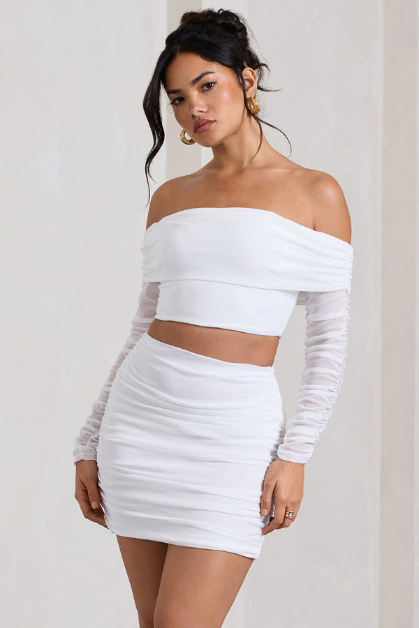 Club L Rule Breaker White Ruched Mesh Bardot Crop Top