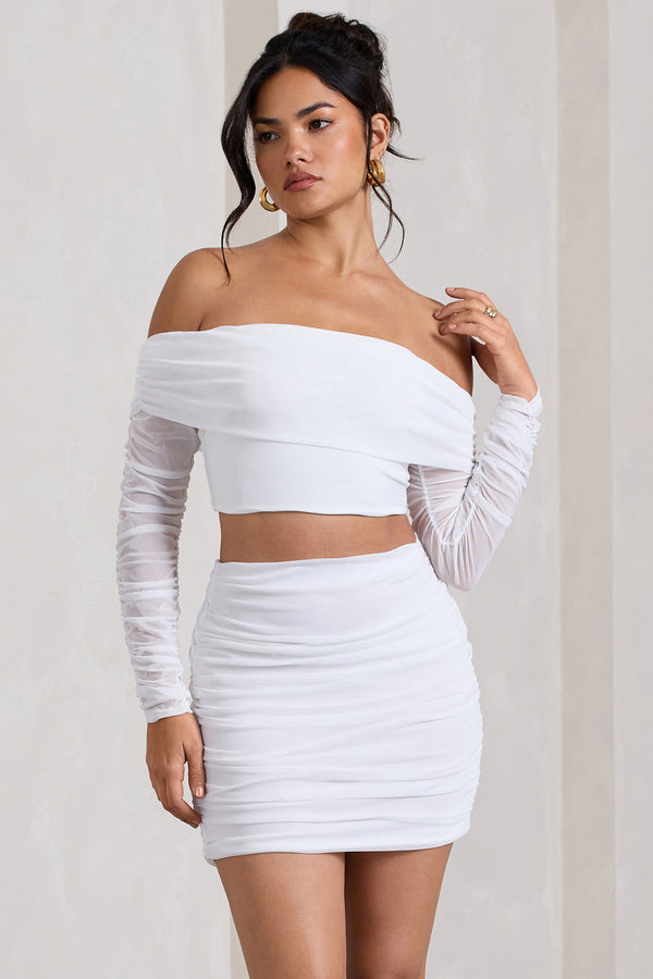 club l Rule Breaker White Ruched Mesh Bardot Crop Top