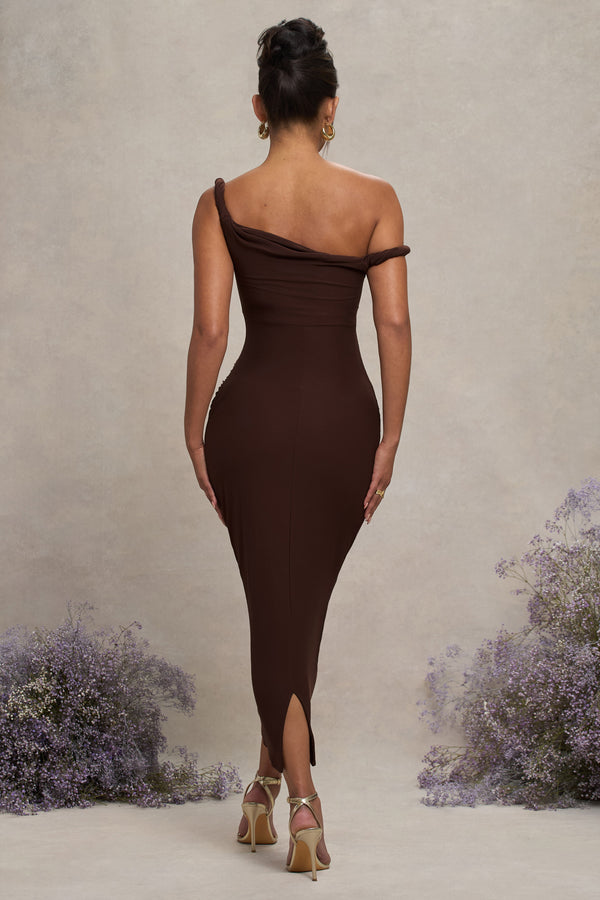 Club L Salome Chocolate Brown Twisted Asymmetric Maternity Midi Dress
