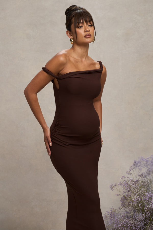 Club L Salome Chocolate Brown Twisted Asymmetric Maternity Midi Dress