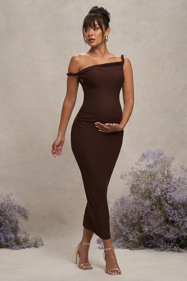 Club L Salome Chocolate Brown Twisted Asymmetric Maternity Midi Dress
