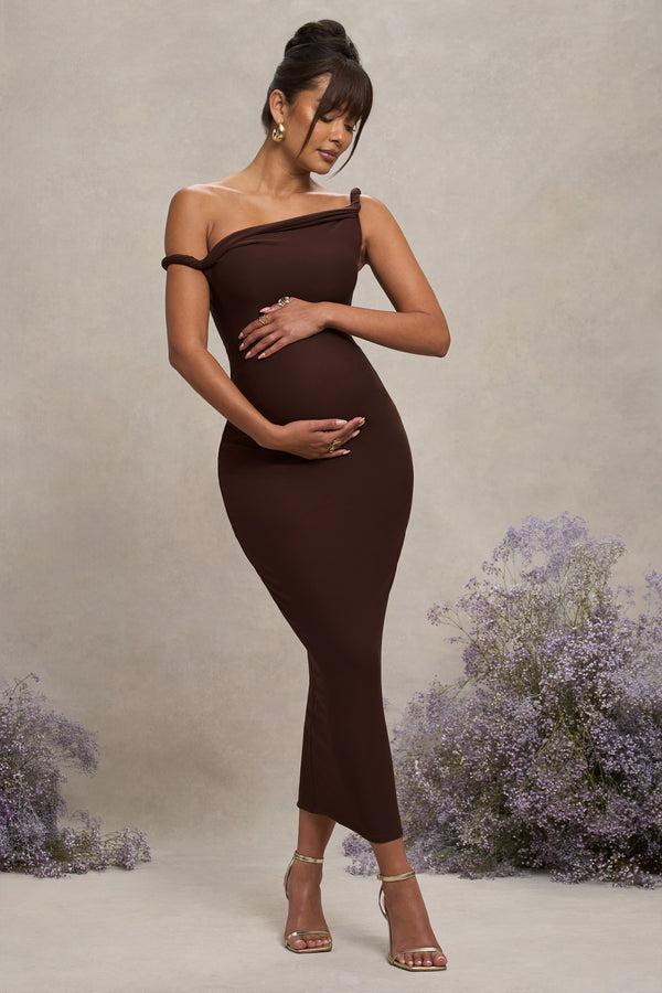 club l Salome Chocolate Brown Twisted Asymmetric Maternity Midi Dress