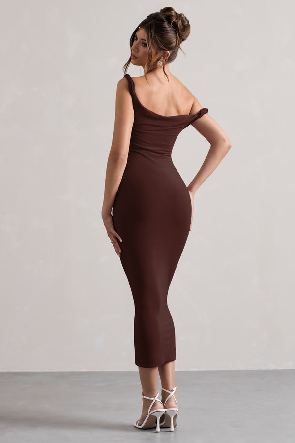 Club L Salome Chocolate Brown Twisted Asymmetric Midi Dress