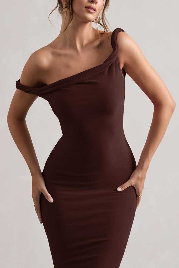 Club L Salome Chocolate Brown Twisted Asymmetric Midi Dress