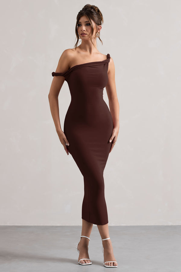 Club L Salome Chocolate Brown Twisted Asymmetric Midi Dress