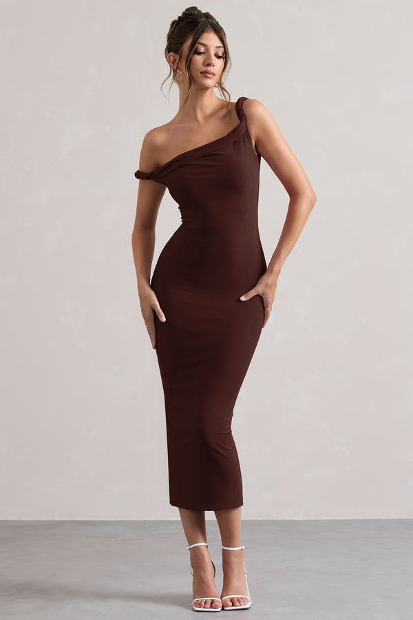 club l Salome Chocolate Brown Twisted Asymmetric Midi Dress