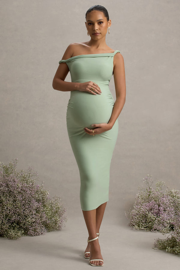 club l Salome Light Green Twisted Asymmetric Maternity Midi Dress