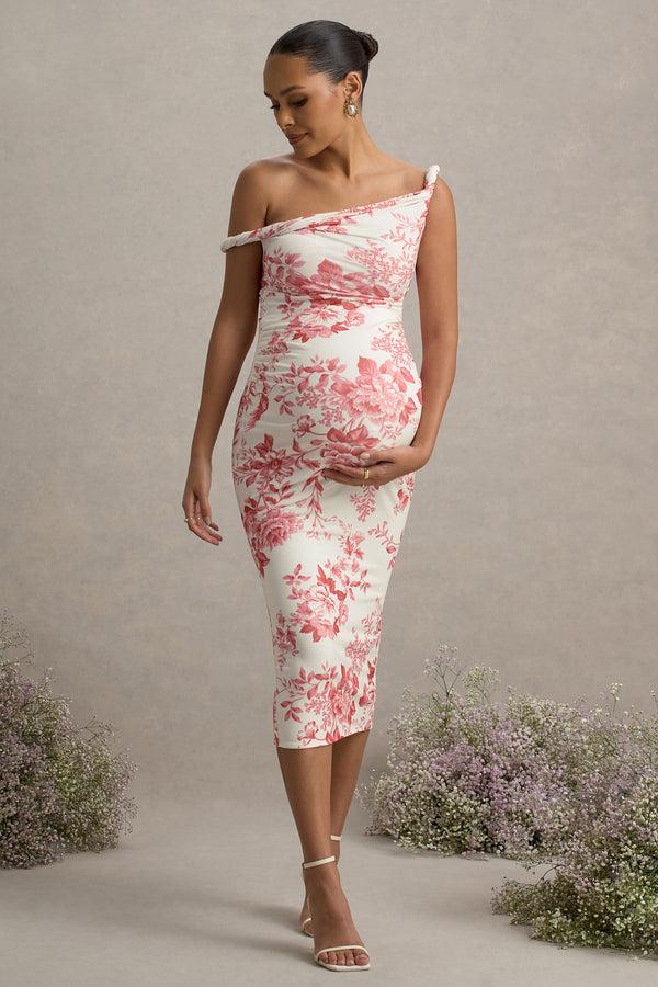 club l Salome Pink Floral Print Twisted Asymmetric Maternity Midi Dress