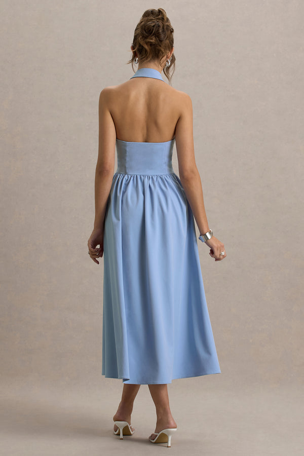 Club L Samsara Light Blue Plunge-Neck Collared Midi Dress