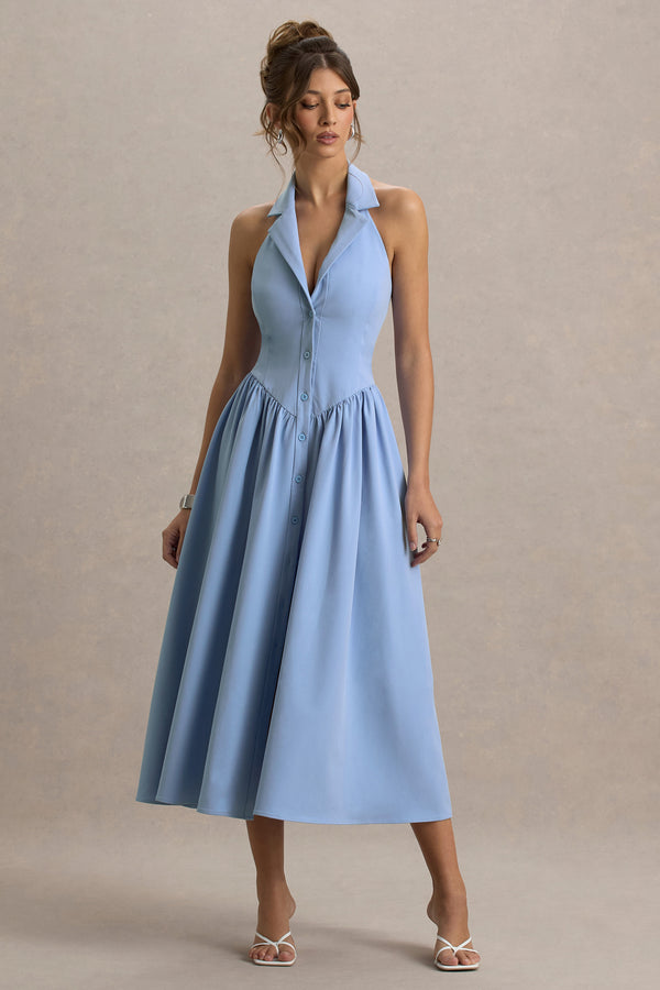 Club L Samsara Light Blue Plunge-Neck Collared Midi Dress