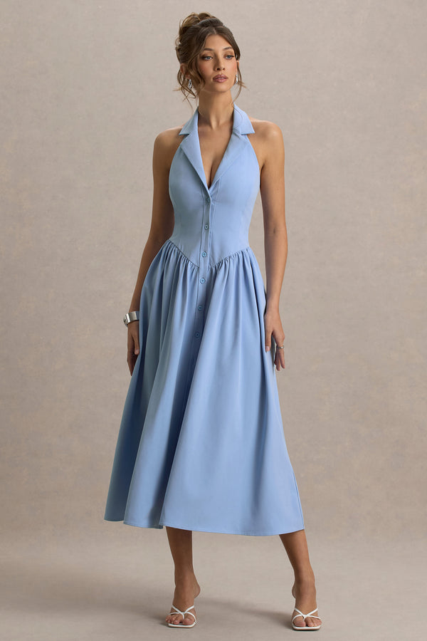 club l Samsara Light Blue Plunge-Neck Collared Midi Dress