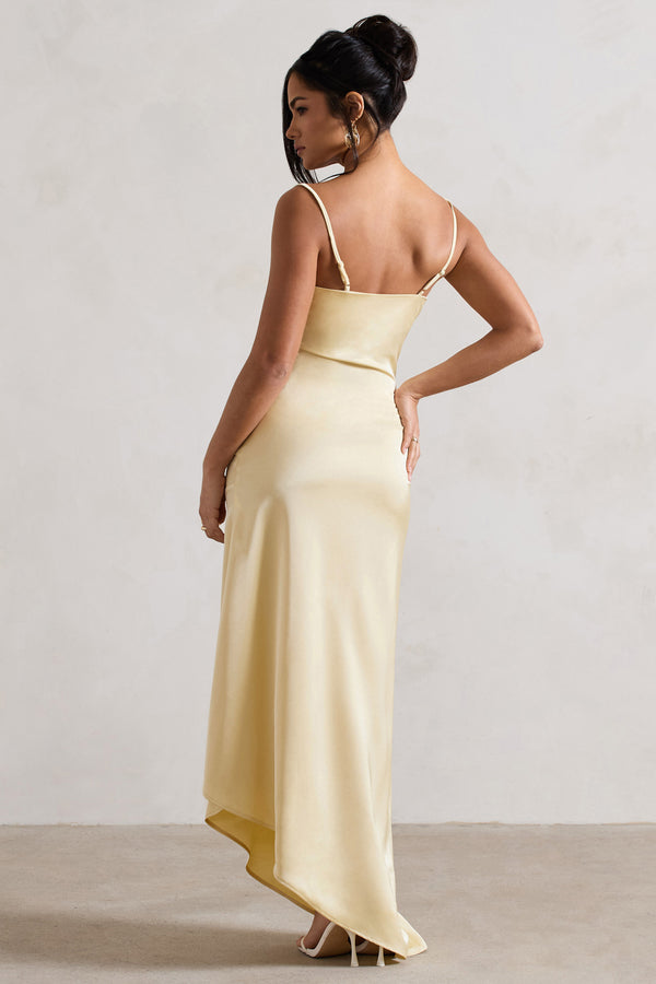 Club L Santi Lemon Satin Cowl-Neck Asymmetric Maxi Dress