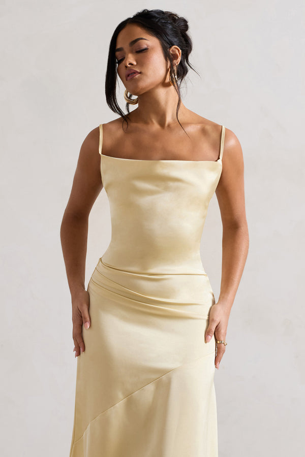 Club L Santi Lemon Satin Cowl-Neck Asymmetric Maxi Dress
