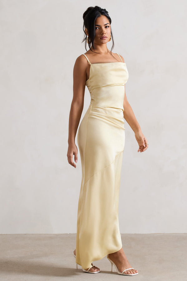 Club L Santi Lemon Satin Cowl-Neck Asymmetric Maxi Dress