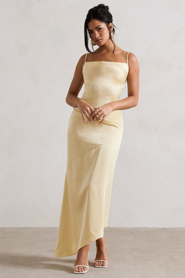 club l Santi Lemon Satin Cowl-Neck Asymmetric Maxi Dress