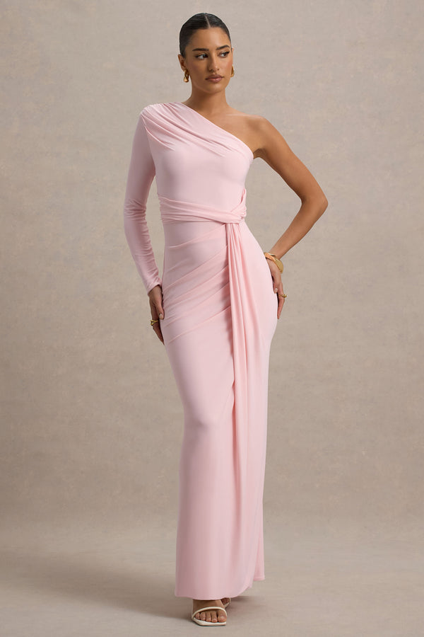 Club L Sanya Blush Pink Asymmetric One Sleeve Wrap Maxi Dress With Drape