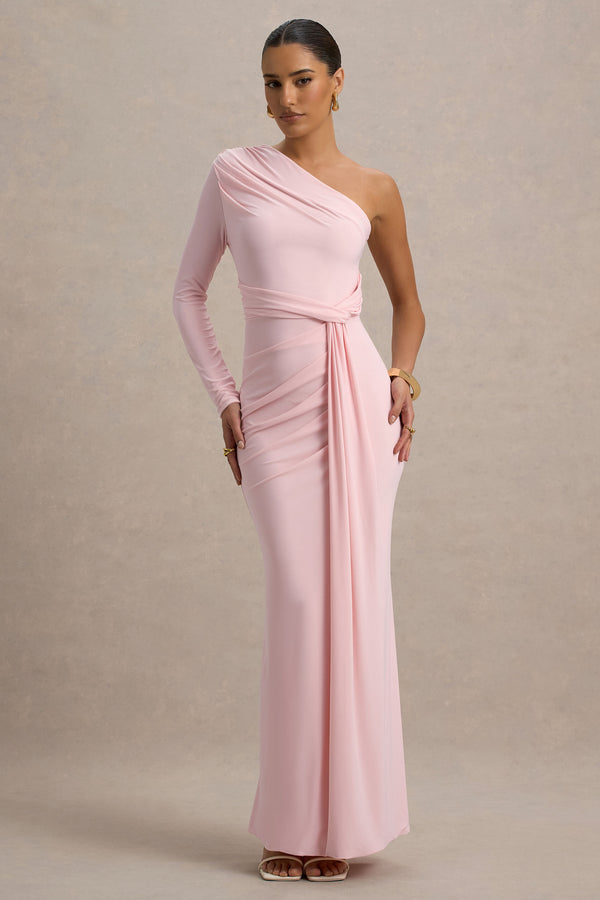 club l Sanya Blush Pink Asymmetric One Sleeve Wrap Maxi Dress with Drape
