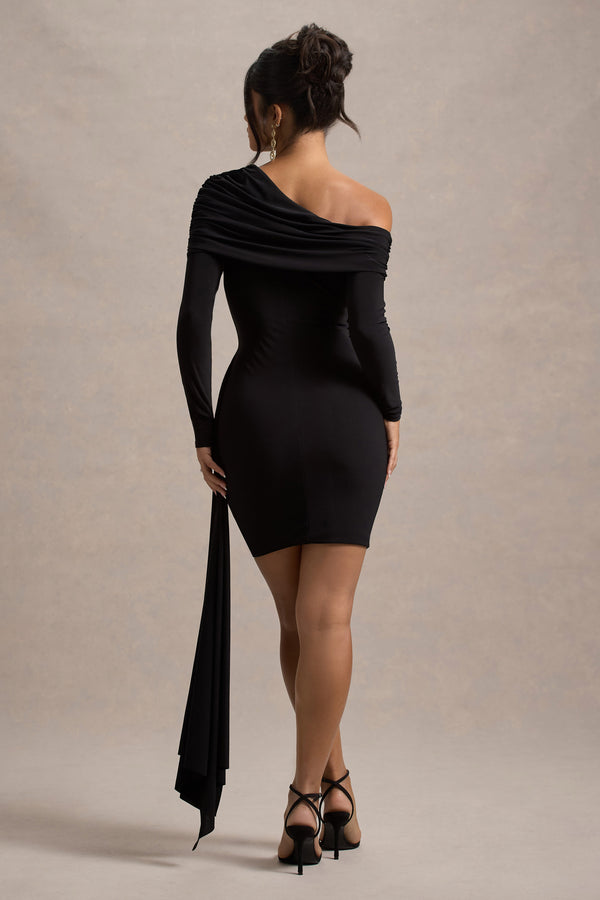 Club L Savita Black Ruched Asymmetric Mini Dress With Drape