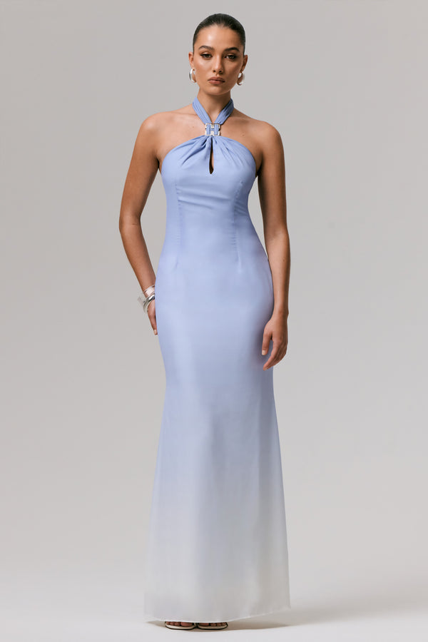 Club L Sharni Blue Ombre Chiffon Halter-Neck Maxi Dress