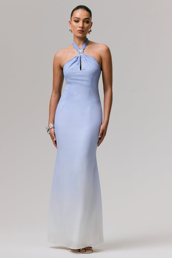club l Sharni Blue Ombre Chiffon Halter-Neck Maxi Dress