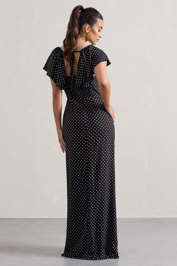 Club L Signorina Black Polka Dot Buttoned Maxi Dress With Flounced Short Sleeves