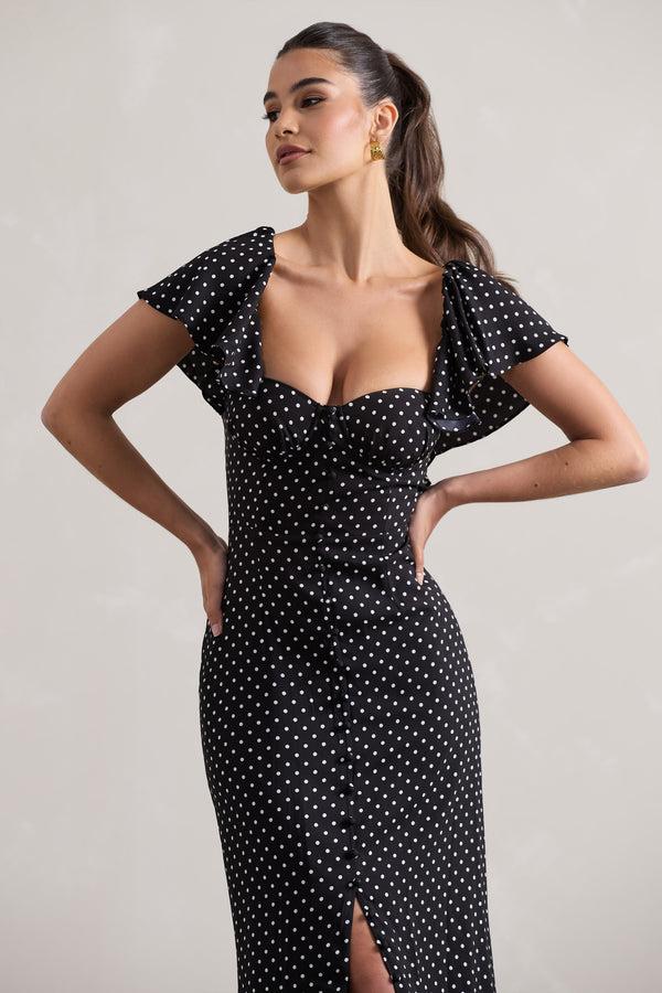 Club L Signorina Black Polka Dot Buttoned Maxi Dress With Flounced Short Sleeves