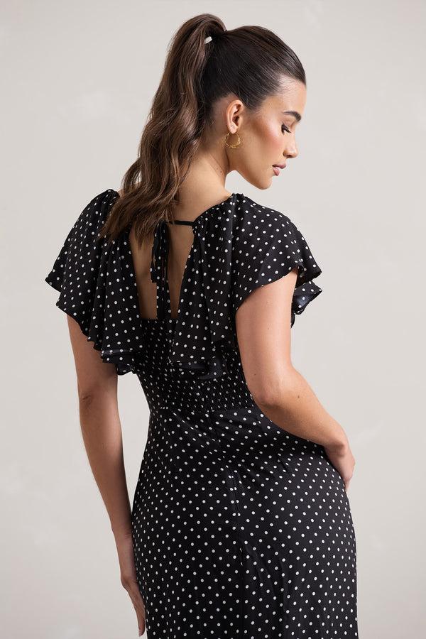 Club L Signorina Black Polka Dot Buttoned Maxi Dress With Flounced Short Sleeves