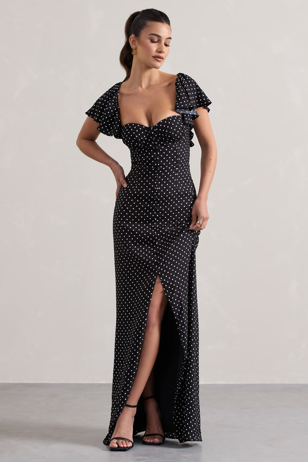 club l Signorina Black Polka Dot Buttoned Maxi Dress With Flounced Short Sleeves
