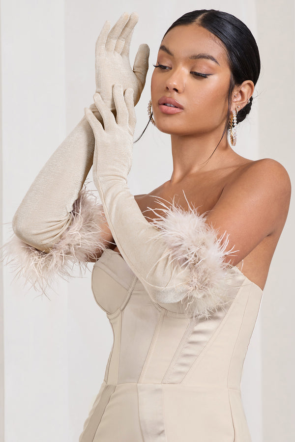 club l Spicy Signs Champagne Long-Sleeved Feather Gloves