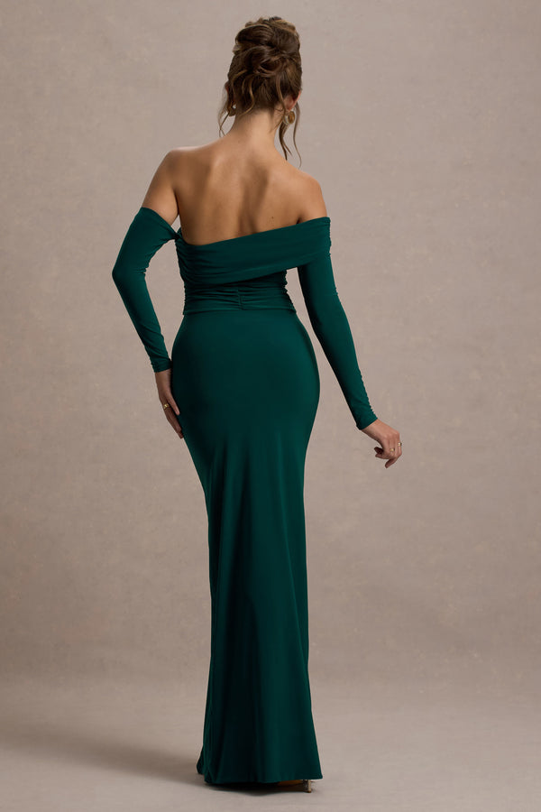Club L Stand Out Bottle Green Bardot Long Sleeve Ruched Maxi With Side Split