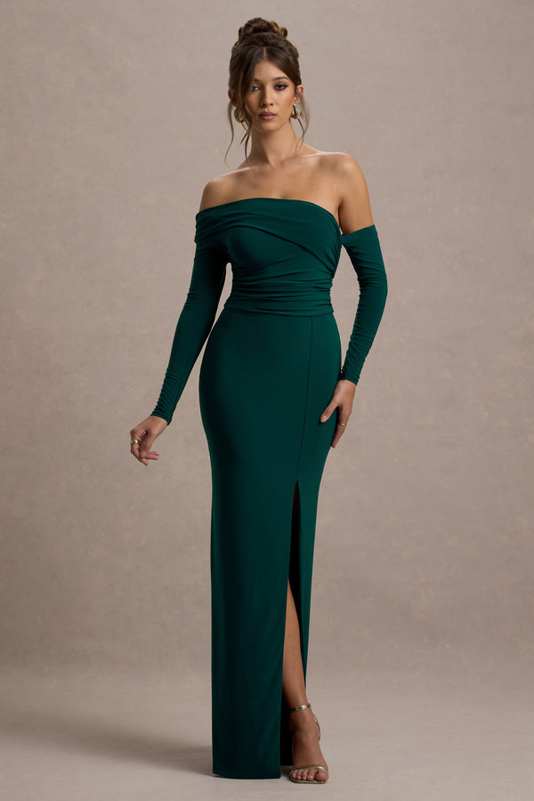 Club L Stand Out Bottle Green Bardot Long Sleeve Ruched Maxi With Side Split