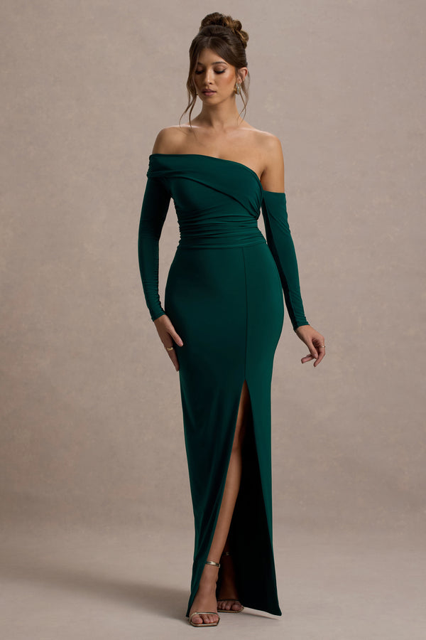 club l Stand Out Bottle Green Bardot Long Sleeve Ruched Maxi With Side Split
