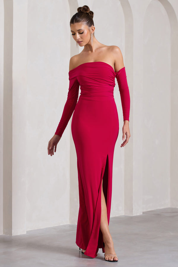 Club L Stand Out Red Bardot Long Sleeve Ruched Maxi With Side Split