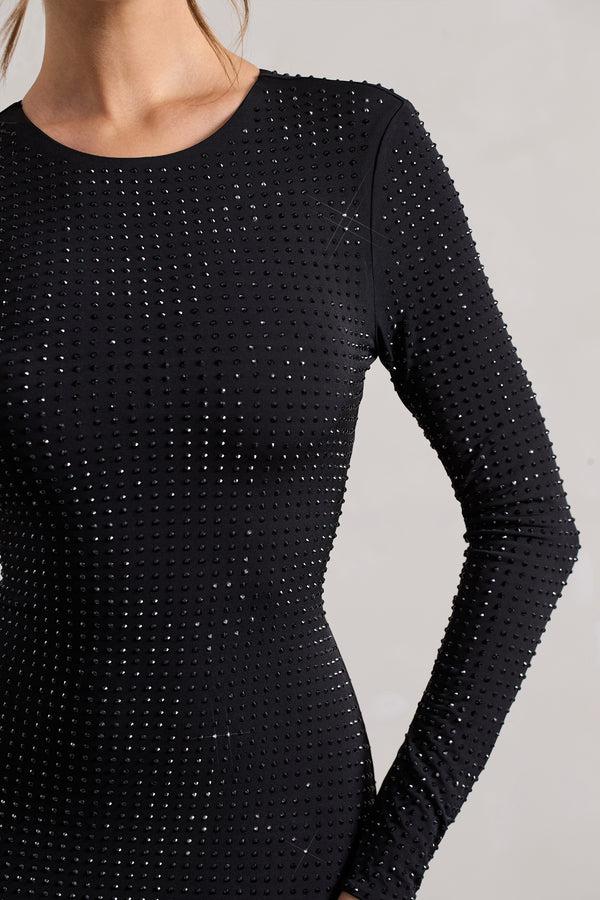 Club L Stefani Black Embellished Cowl-Back Long Sleeve Mini Dress