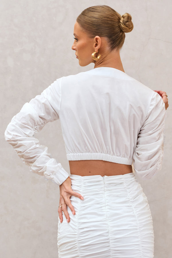 Club L Sundown White Ruched Sleeve Wrap Detail Cropped Shirt