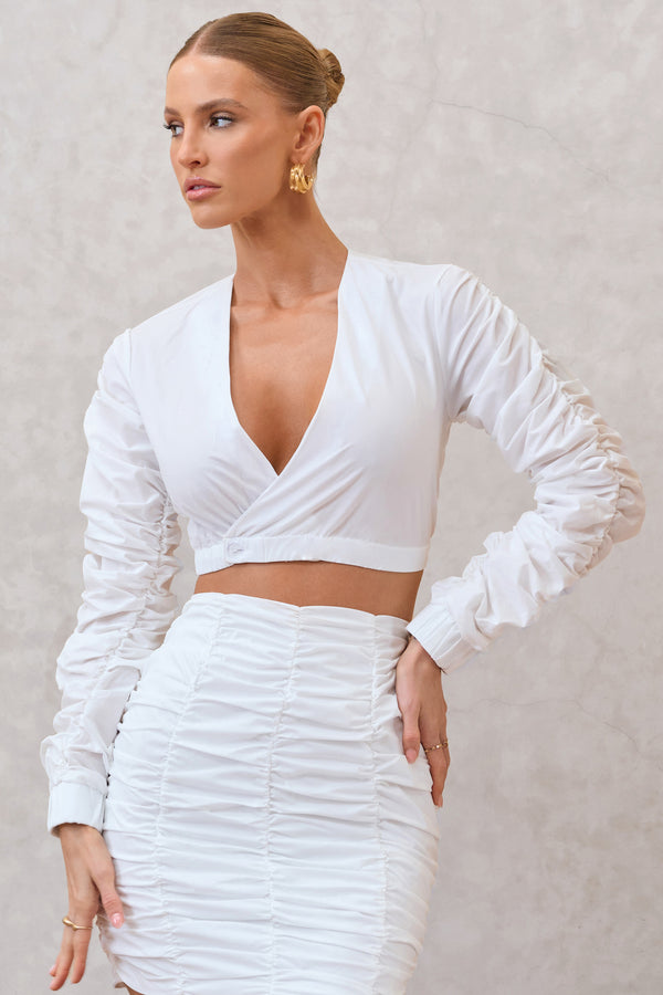 club l Sundown White Ruched Sleeve Wrap Detail Cropped Shirt