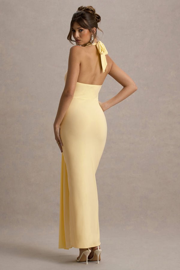 Club L Sunflower Pale Lemon Ruched High-Neck Split Maxi Dress