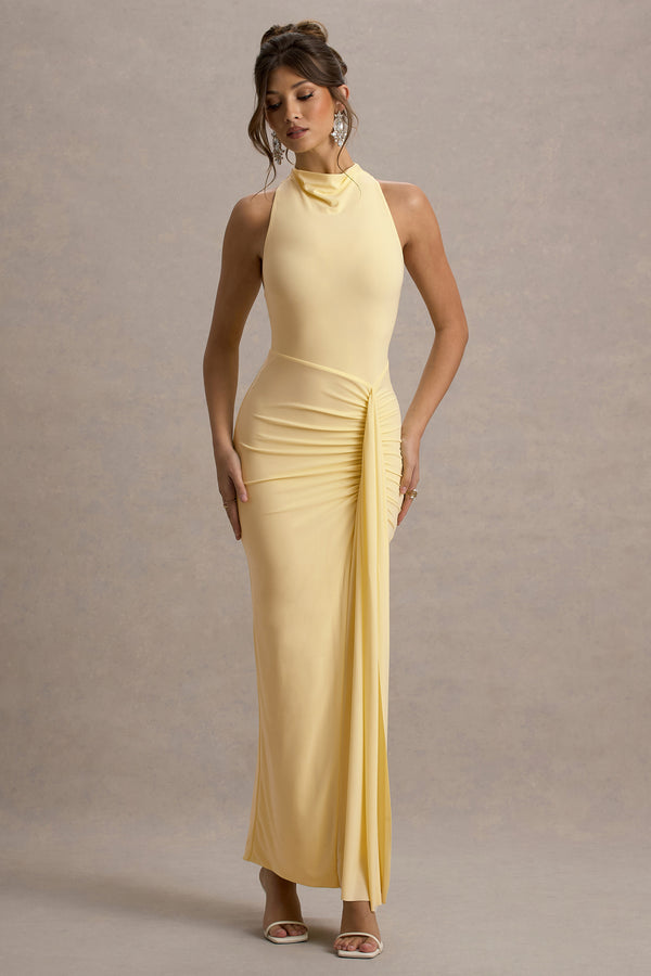 Club L Sunflower Pale Lemon Ruched High-Neck Split Maxi Dress