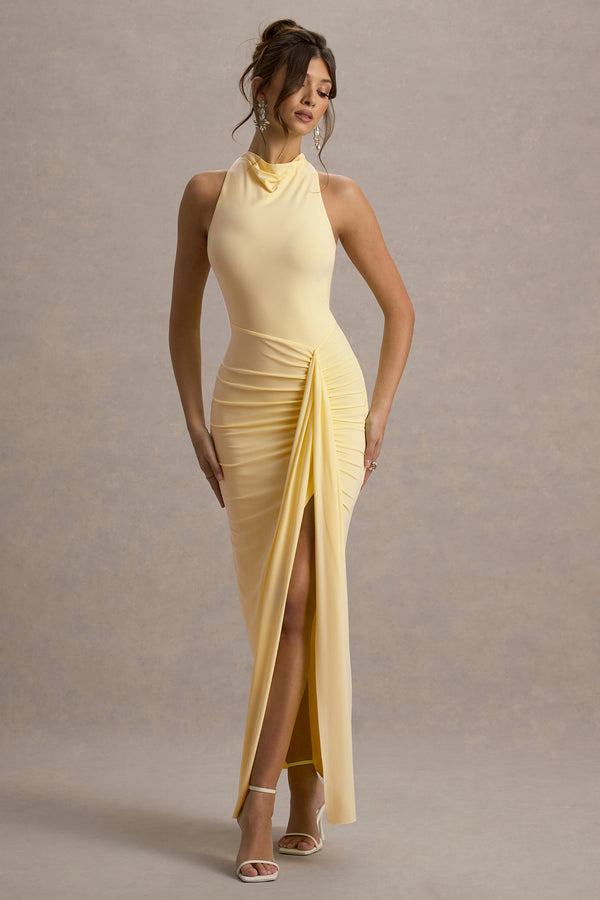 club l Sunflower Pale Lemon Ruched High-Neck Split Maxi Dress