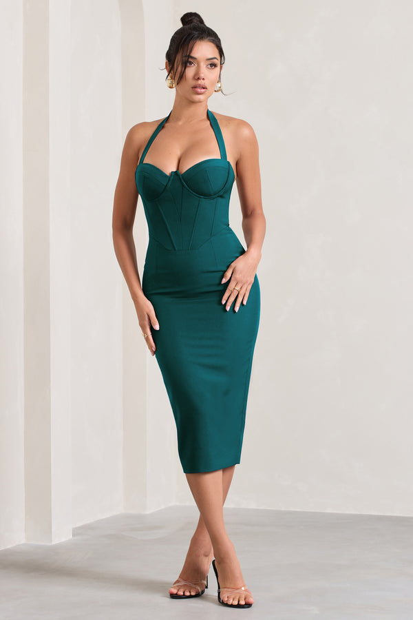 Club L Supermodel Bottle Green Halter-Neck Corset Midi Dress