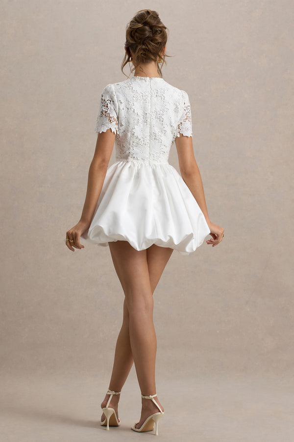Club L Taffy White Lace Mini Dress With Satin Puffball Skirt