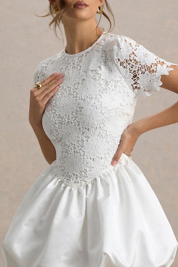 Club L Taffy White Lace Mini Dress With Satin Puffball Skirt