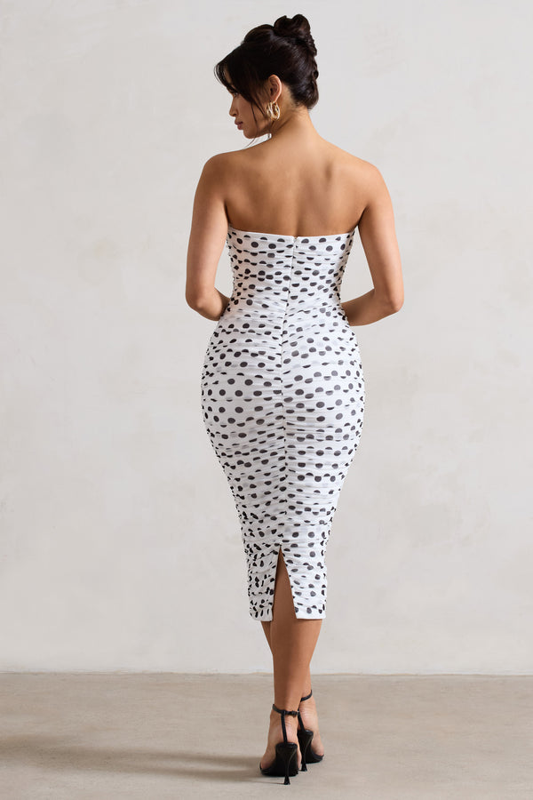 Club L Taken White Polka Dot Ruched Mesh Midi Dress With Corsage