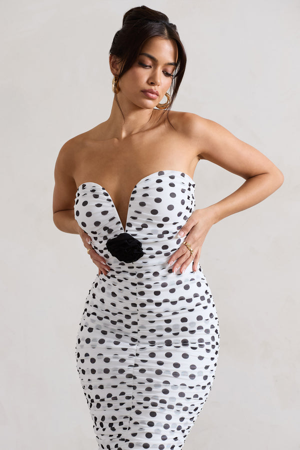 Club L Taken White Polka Dot Ruched Mesh Midi Dress With Corsage