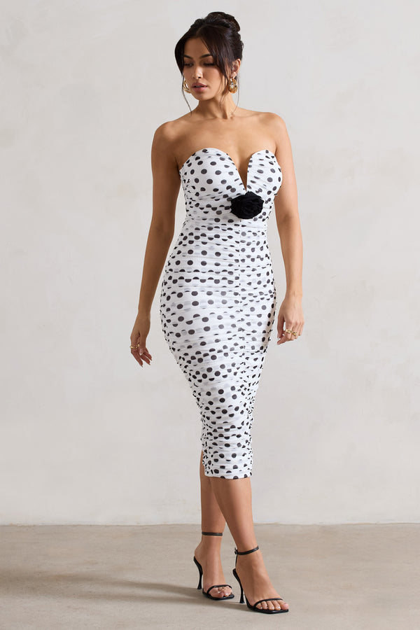 Club L Taken White Polka Dot Ruched Mesh Midi Dress With Corsage